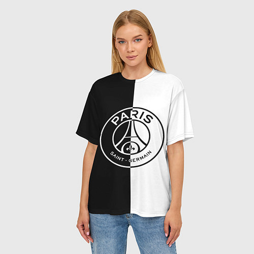 Женская футболка оверсайз ФК ПСЖ PSG BLACK & WHITE / 3D-принт – фото 3
