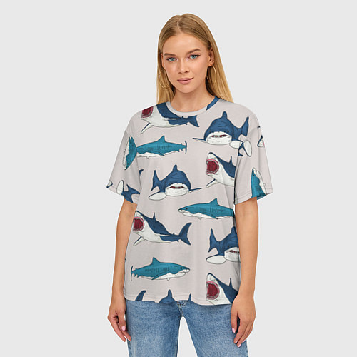 Женская футболка оверсайз Кровожадные акулы паттерн / 3D-принт – фото 3