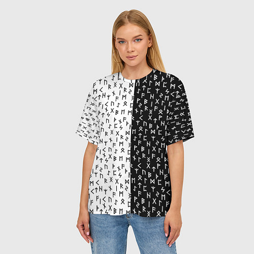 Женская футболка оверсайз Руны чёрно-белое / 3D-принт – фото 3