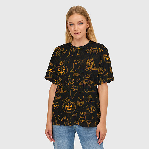 Женская футболка оверсайз ХЕЛЛОУИН ПАТТЕРН КОТИКИ HALLOWEEN KITTY / 3D-принт – фото 3