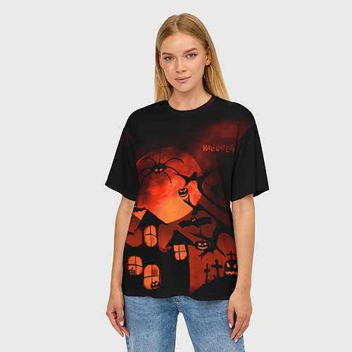 Женская футболка оверсайз Красная луна на Хэллоуин / 3D-принт – фото 3