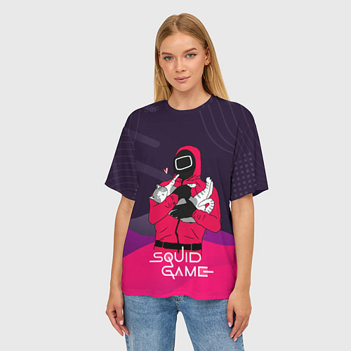 Женская футболка оверсайз Игра в кальмара - с милым котиком / 3D-принт – фото 3