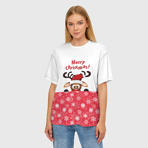 Женская футболка оверсайз Оленёнок Merry Christmas / 3D-принт – фото 3