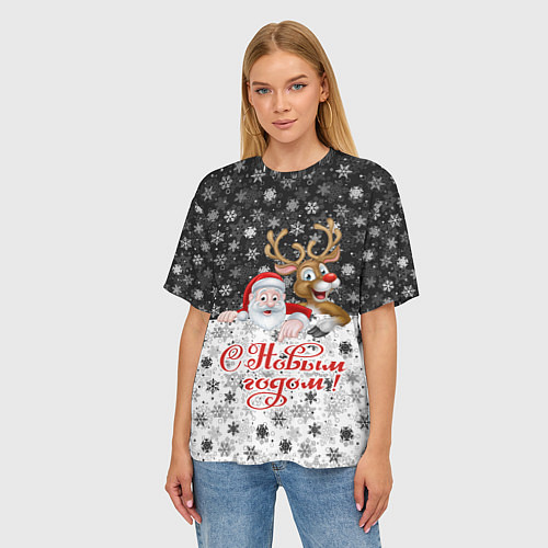 Женская футболка оверсайз С Новым Годом дед мороз и олень / 3D-принт – фото 3