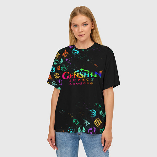 Женская футболка оверсайз GENSHIN IMPACT NEON LOGO RAINBOW STYLE, ЭМБЛЕМЫ / 3D-принт – фото 3