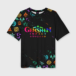 Футболка оверсайз женская GENSHIN IMPACT NEON LOGO RAINBOW STYLE, ЭМБЛЕМЫ, цвет: 3D-принт