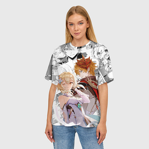 Женская футболка оверсайз Люмин и Тарталья на фоне манги / 3D-принт – фото 3