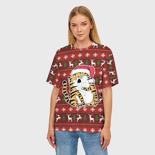 Женская футболка оверсайз Рождественский удивленный тигр / 3D-принт – фото 3
