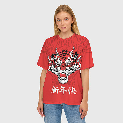 Женская футболка оверсайз Красный тигр - дракон / 3D-принт – фото 3