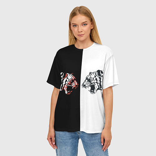 Женская футболка оверсайз Два тигра напротив друг друга / 3D-принт – фото 3