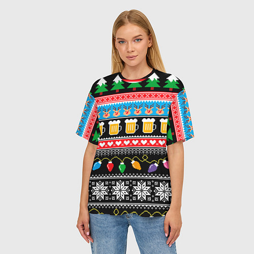 Женская футболка оверсайз Новогодний пивной узор / 3D-принт – фото 3