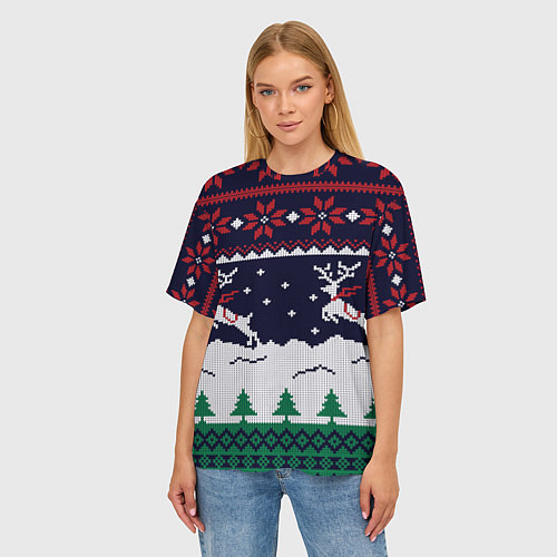 Женская футболка оверсайз СВИТЕР С ОЛЕНЯМИ DEER SWEATER / 3D-принт – фото 3