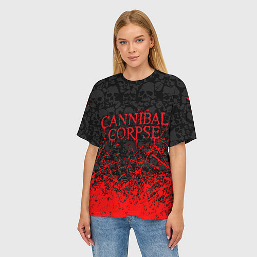 Женская футболка оверсайз CANNIBAL CORPSE, БРЫЗГИ КРАСОК ЧЕРЕПА / 3D-принт – фото 3