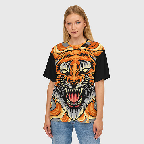 Женская футболка оверсайз Символ года тигр в гневе / 3D-принт – фото 3