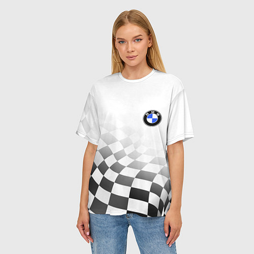 Женская футболка оверсайз BMW, БМВ СПОРТ, ФИНИШНЫЙ ФЛАГ / 3D-принт – фото 3
