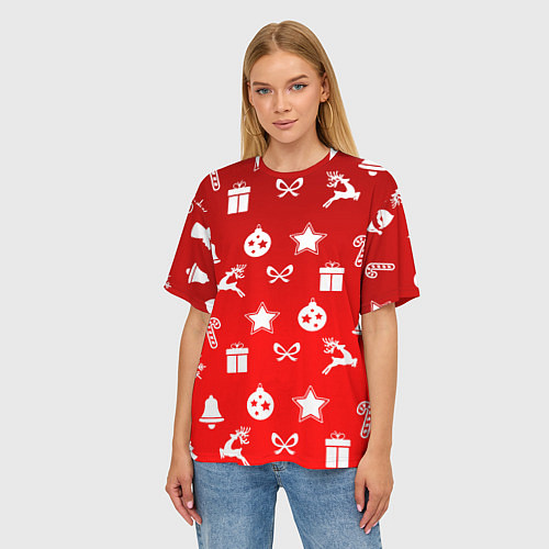 Женская футболка оверсайз Новогодний узор красный градиент / 3D-принт – фото 3