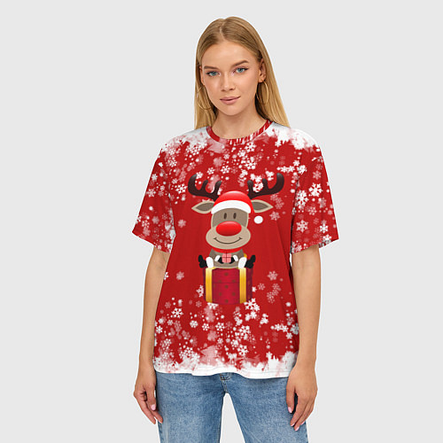 Женская футболка оверсайз Олень на подарке / 3D-принт – фото 3