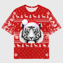 Футболка оверсайз женская НОВОГОДНИЙ СВИТЕР С БЕЛЫМ ТИГРОМ 2022, цвет: 3D-принт