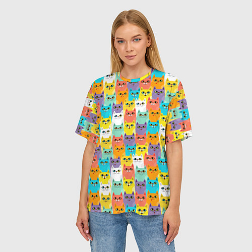 Женская футболка оверсайз Разноцветные Мультяшные Котики / 3D-принт – фото 3
