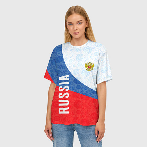 Женская футболка оверсайз RUSSIA SPORT STYLE РОССИЯ СПОРТИВНЫЙ СТИЛЬ / 3D-принт – фото 3