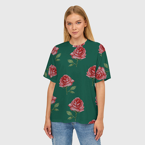 Женская футболка оверсайз Ярко красные розы на темно-зеленом фоне / 3D-принт – фото 3