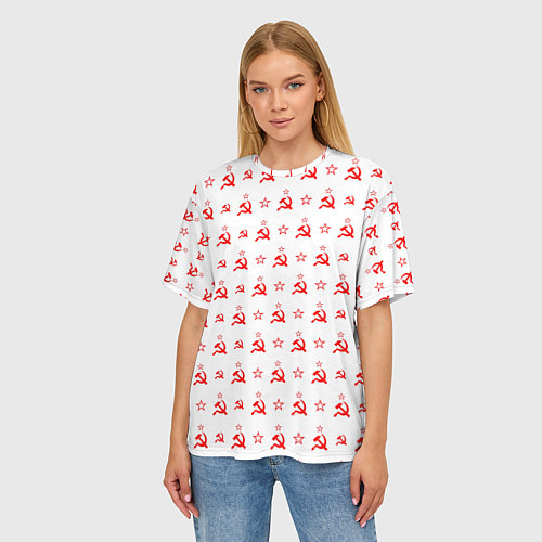 Женская футболка оверсайз Серп и Молот СССР на белом фоне / 3D-принт – фото 3