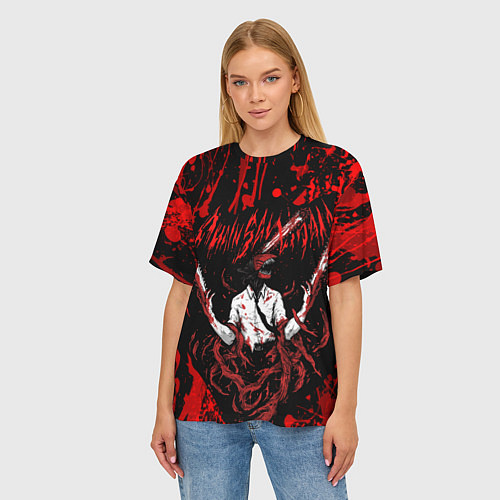 Женская футболка оверсайз Человек бензопила в крови Chainsaw Man / 3D-принт – фото 3