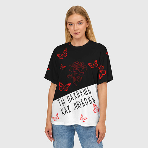 Женская футболка оверсайз Роза Бабочки Любовь / 3D-принт – фото 3