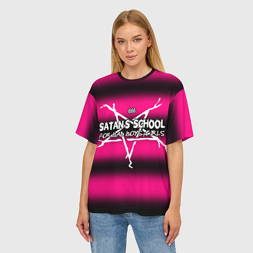 Женская футболка оверсайз Satan school for bad boys and girls pink / 3D-принт – фото 3