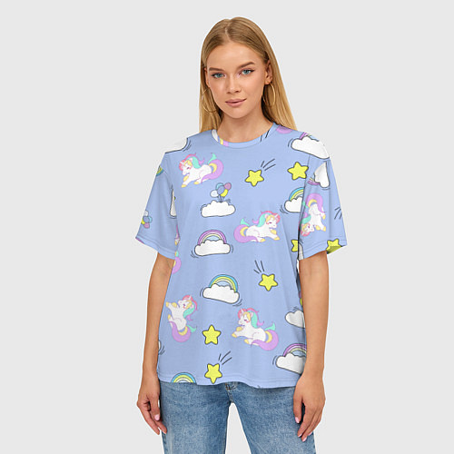 Женская футболка оверсайз Единоржки и облака / 3D-принт – фото 3