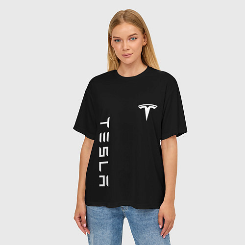 Женская футболка оверсайз Tesla Тесла логотип и надпись / 3D-принт – фото 3