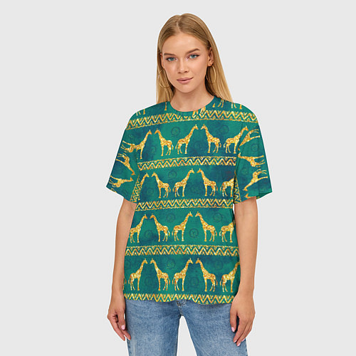 Женская футболка оверсайз Золотые жирафы паттерн / 3D-принт – фото 3