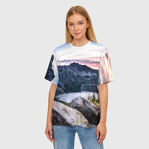 Женская футболка оверсайз Горы на закате / 3D-принт – фото 3