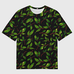 Футболка оверсайз женская Яркие зеленые листья на черном фоне, цвет: 3D-принт