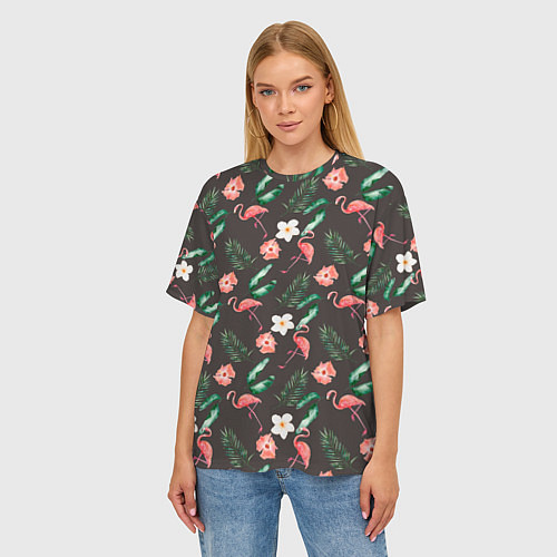 Женская футболка оверсайз Фламинго и цветы паттерн / 3D-принт – фото 3