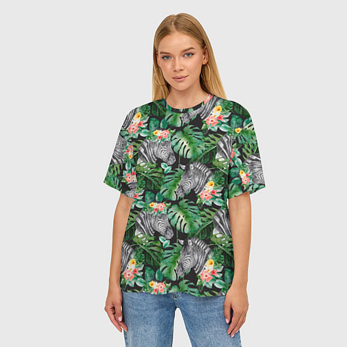 Женская футболка оверсайз Зебра и листья / 3D-принт – фото 3