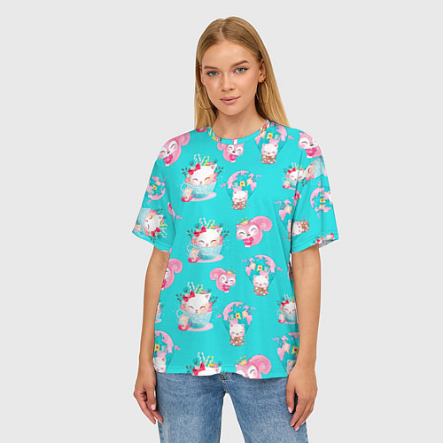 Женская футболка оверсайз Коты в кружках паттерн / 3D-принт – фото 3