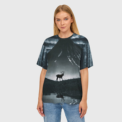 Женская футболка оверсайз Северный олень и вулкан / 3D-принт – фото 3