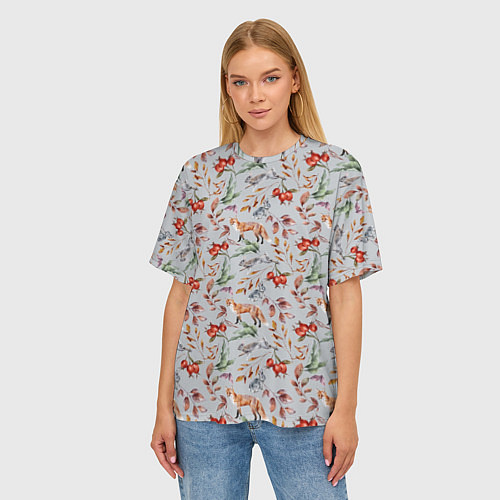 Женская футболка оверсайз Лисы и лесные ягоды / 3D-принт – фото 3