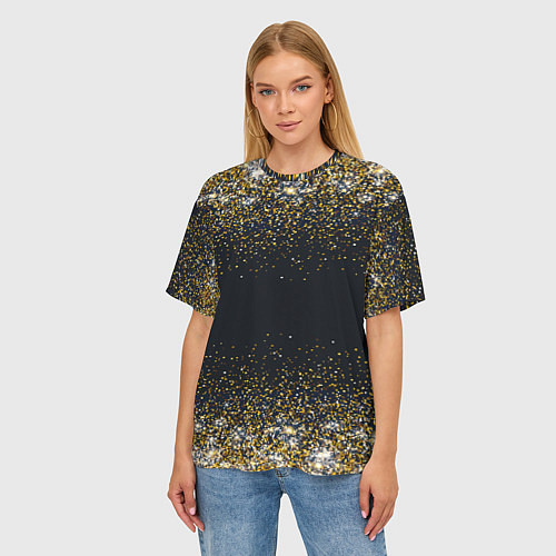 Женская футболка оверсайз Золотые блестки на темном фоне Сияющий глиттер, бл / 3D-принт – фото 3