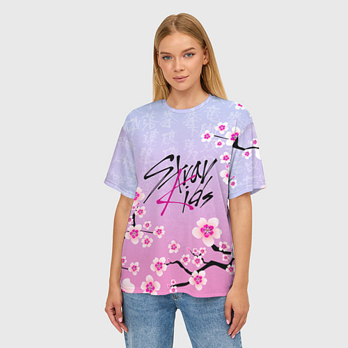 Женская футболка оверсайз Stray Kids цветы сакуры / 3D-принт – фото 3