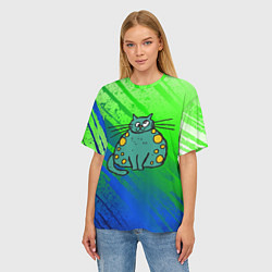 Футболка оверсайз женская Прикольный зеленый кот, цвет: 3D-принт — фото 2