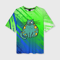 Футболка оверсайз женская Прикольный зеленый кот, цвет: 3D-принт