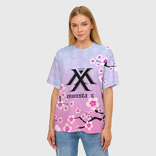 Женская футболка оверсайз MONSTA X САКУРА ЦВЕТЫ / 3D-принт – фото 3