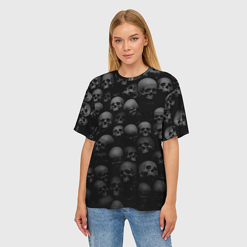 Женская футболка оверсайз Черепа на черном фоне паттерн / 3D-принт – фото 3