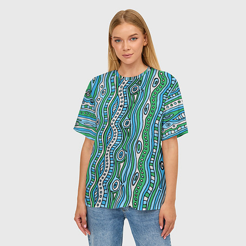 Женская футболка оверсайз Разноцветная абстракция в стиле дудл Волны, линии, / 3D-принт – фото 3