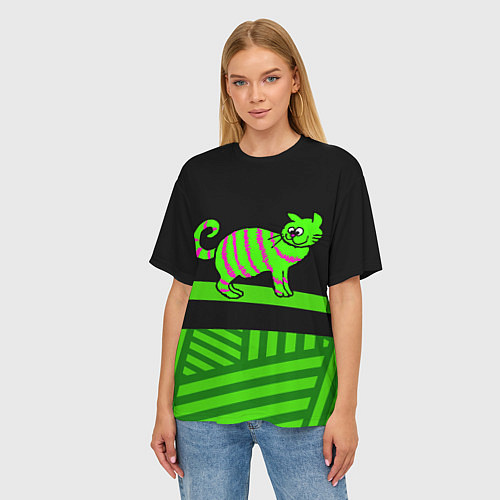 Женская футболка оверсайз Зеленый полосатый кот / 3D-принт – фото 3