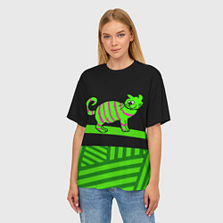 Футболка оверсайз женская Зеленый полосатый кот, цвет: 3D-принт — фото 2