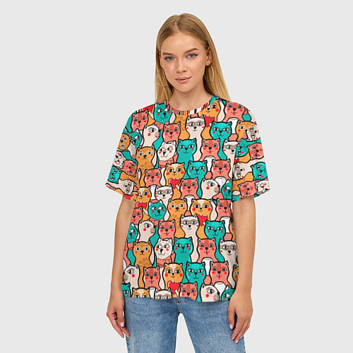Женская футболка оверсайз Милые Разноцветные Котики / 3D-принт – фото 3