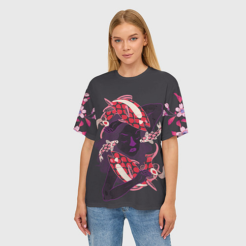 Женская футболка оверсайз Девушка карп-кои и киты / 3D-принт – фото 3